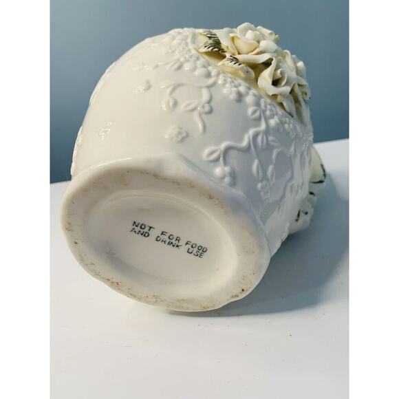 Vintage Porcelain Pitcher 3D Roses Lattice Neck 7.5" Cream Home Decor Rose Vase - Picture 8 of 12